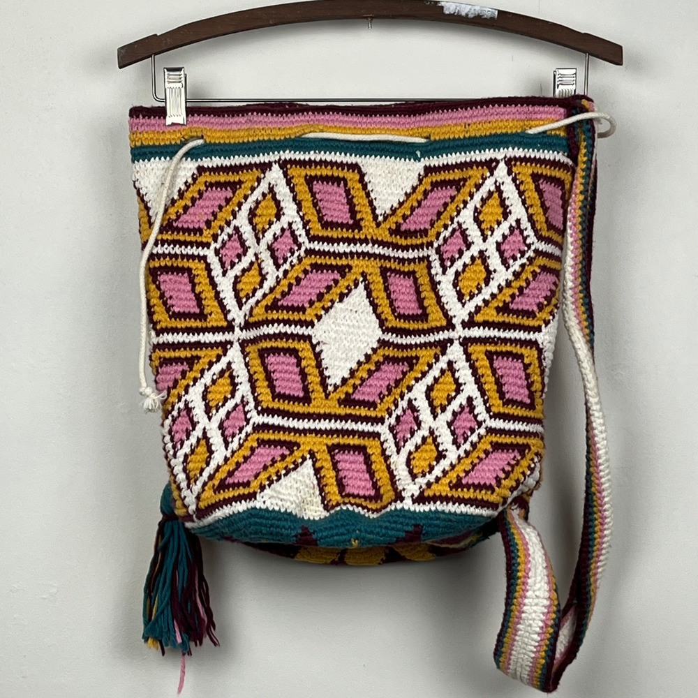 Handmade Wayuu Mochila Crochet Shoulder Bag Geometric Boho Tassel Bucket *FLAWS